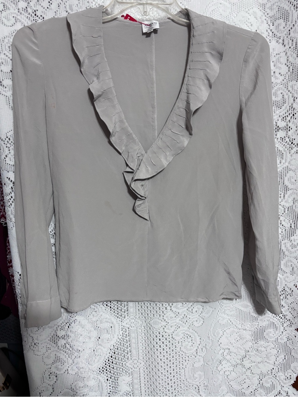 Armani Collezioni Light Gray Ruffle V-Neck Blouse